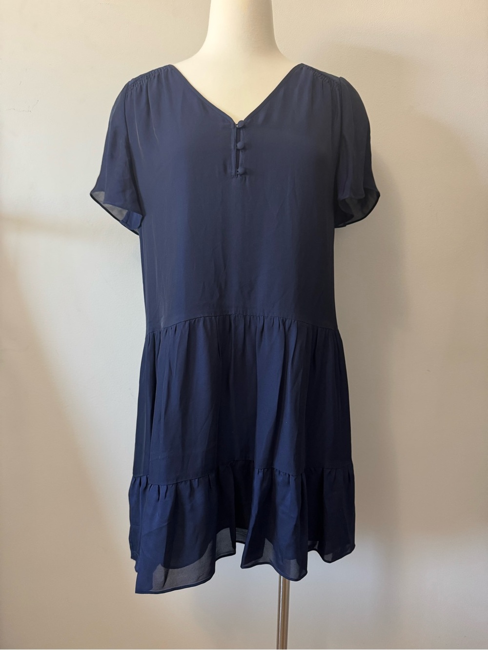 Parker  Savannah Dress Silk Blend Navy Blue Short Sleeve Mini Dress Small